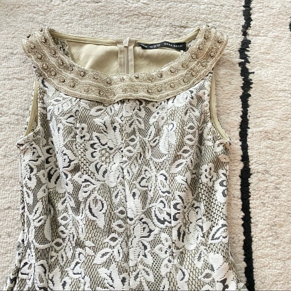 ZARA Cream Gray Gem Embellished Patterned Mini Fit and Flare Dress - Picture 3 of 8